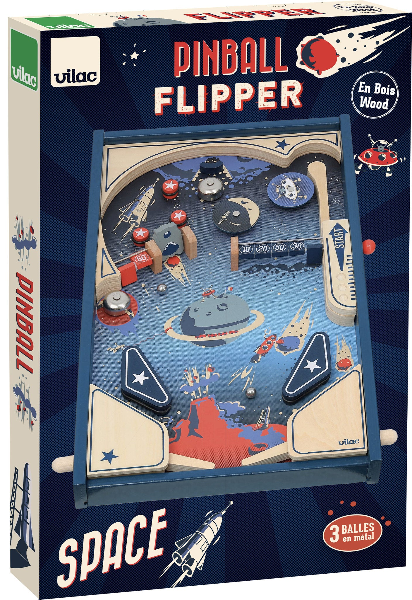 Holz-Flipperspiel im Weltraum-Design mit bunten Planeten, Raketen und Metallkugeln in blauer Verpackung.