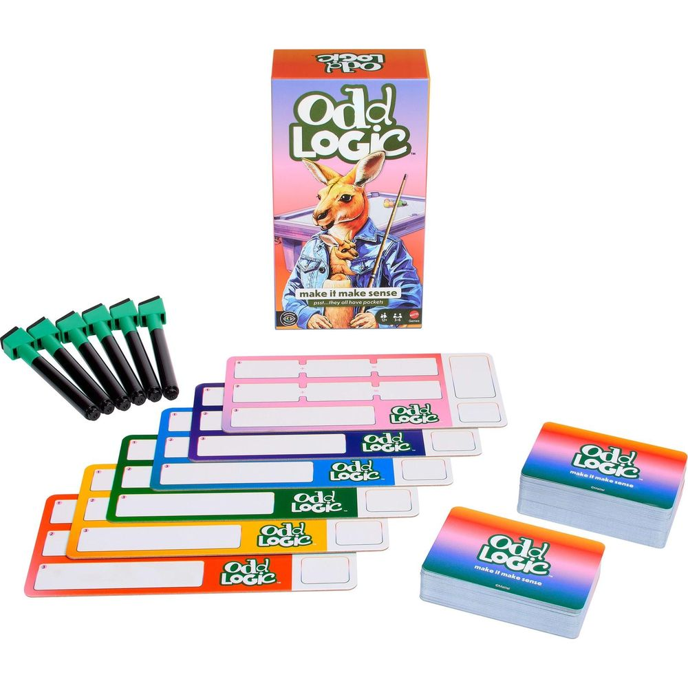 Odd Logic Brettspielkomponenten mit Schachtel, bunten Whiteboards, Stiften und Kartendecks.