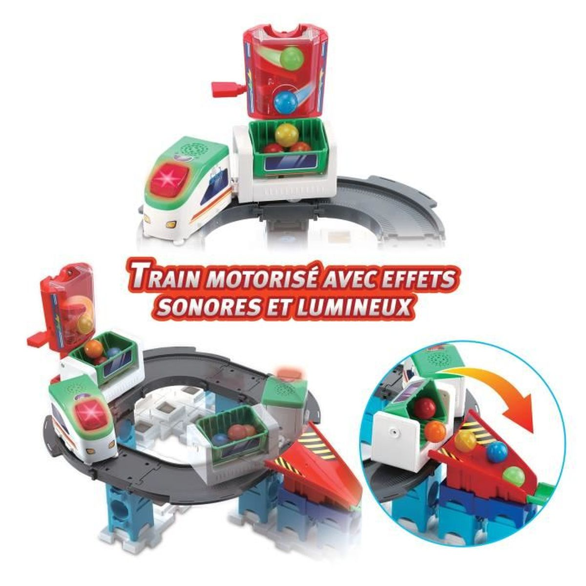 Ein buntes, motorisiertes Spielzeugeisenbahnset auf Schienen mit Licht- und Soundeffekten und kleinen Bällen.