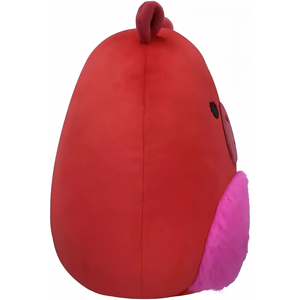 Seitenansicht eines runden, roten Plüschtiers mit rosa Bauch, schwarzem Auge und einer kleinen Schlaufe.