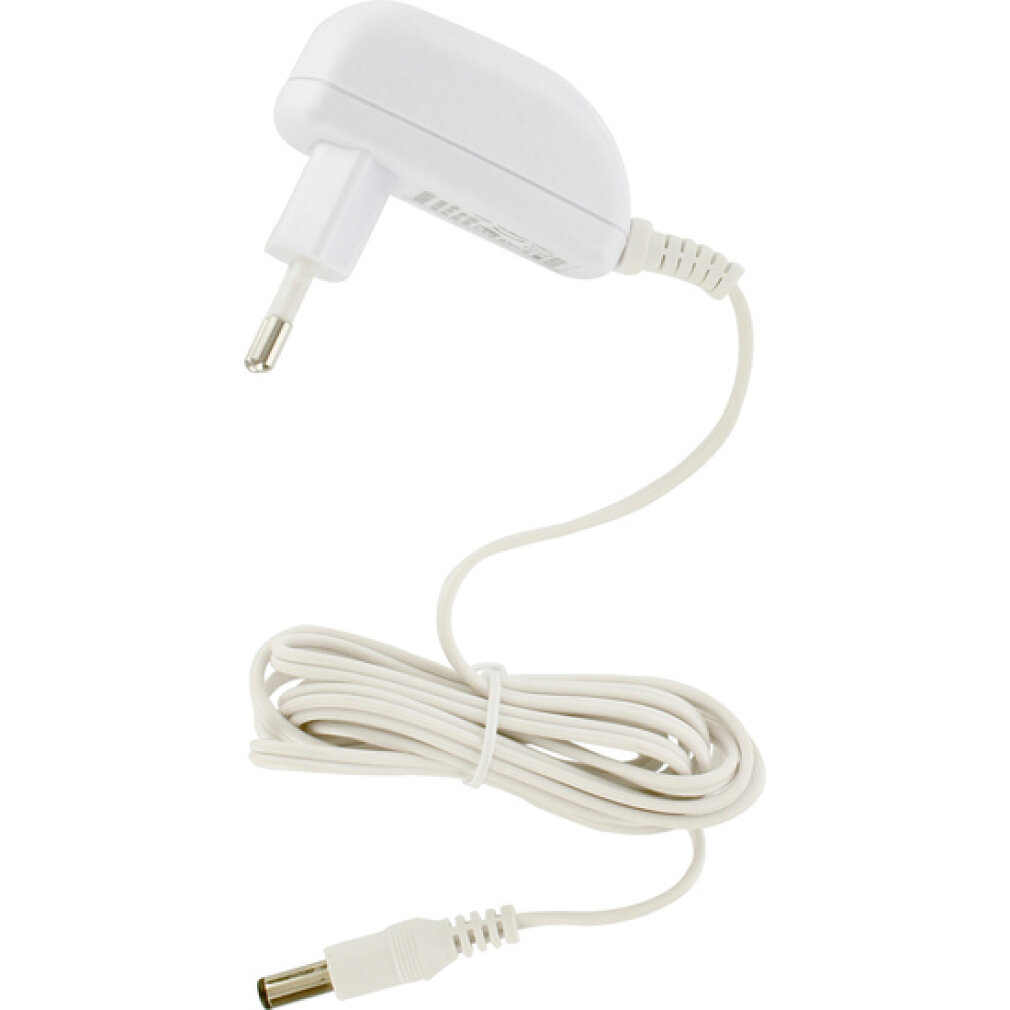 Weißes Netzteil mit Stecker und langem, aufgewickeltem Kabel auf weißem Hintergrund.
