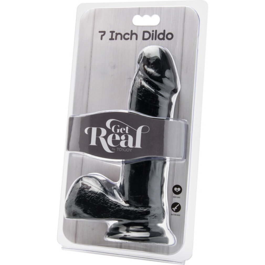 Verpackter schwarzer 7-Zoll-Dildo mit Saugnapf in einer transparenten Plastikhülle mit weißer Papierrückseite.