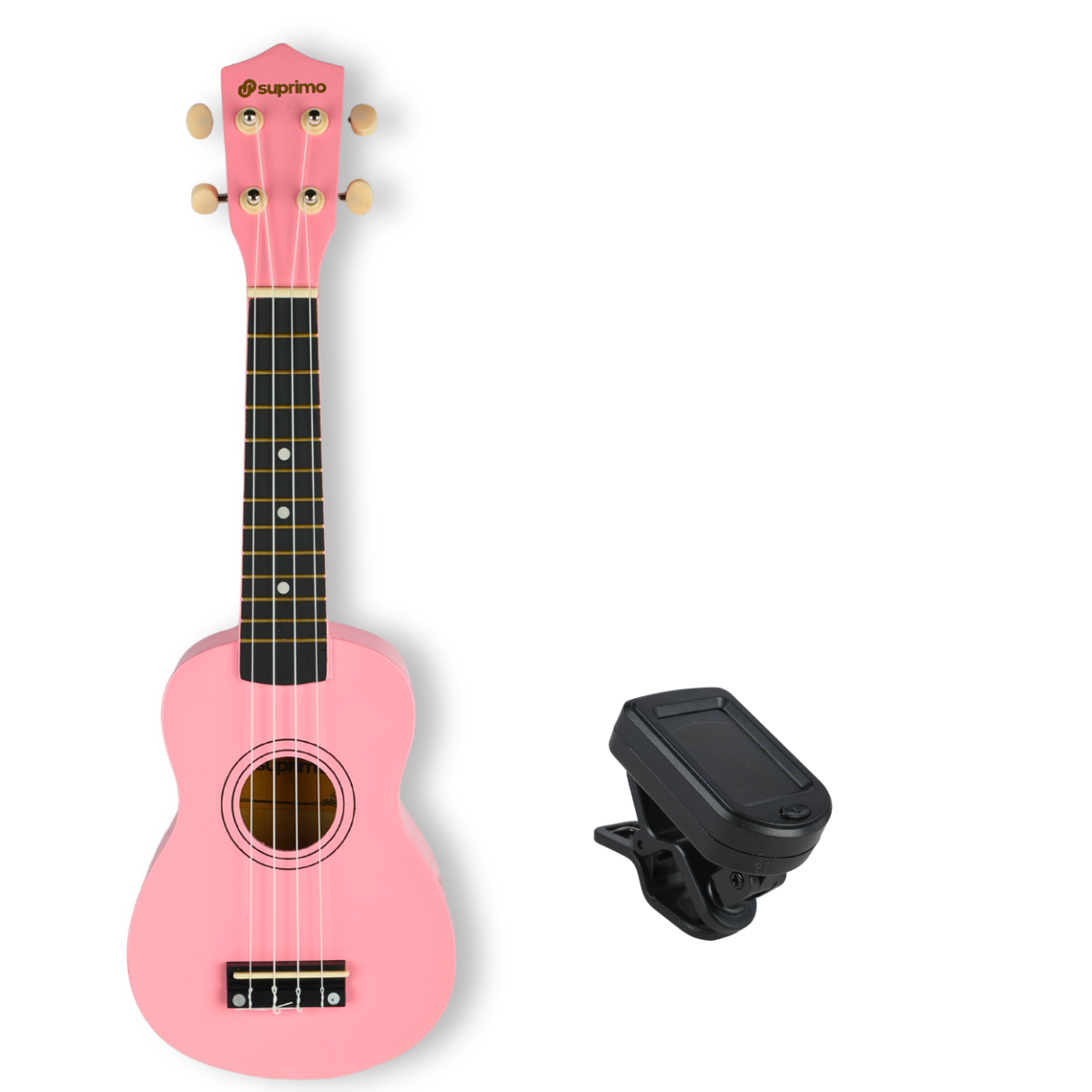 Eine rosa Suprimo Ukulele und ein schwarzes Clip-Tuner vor weißem Hintergrund.
