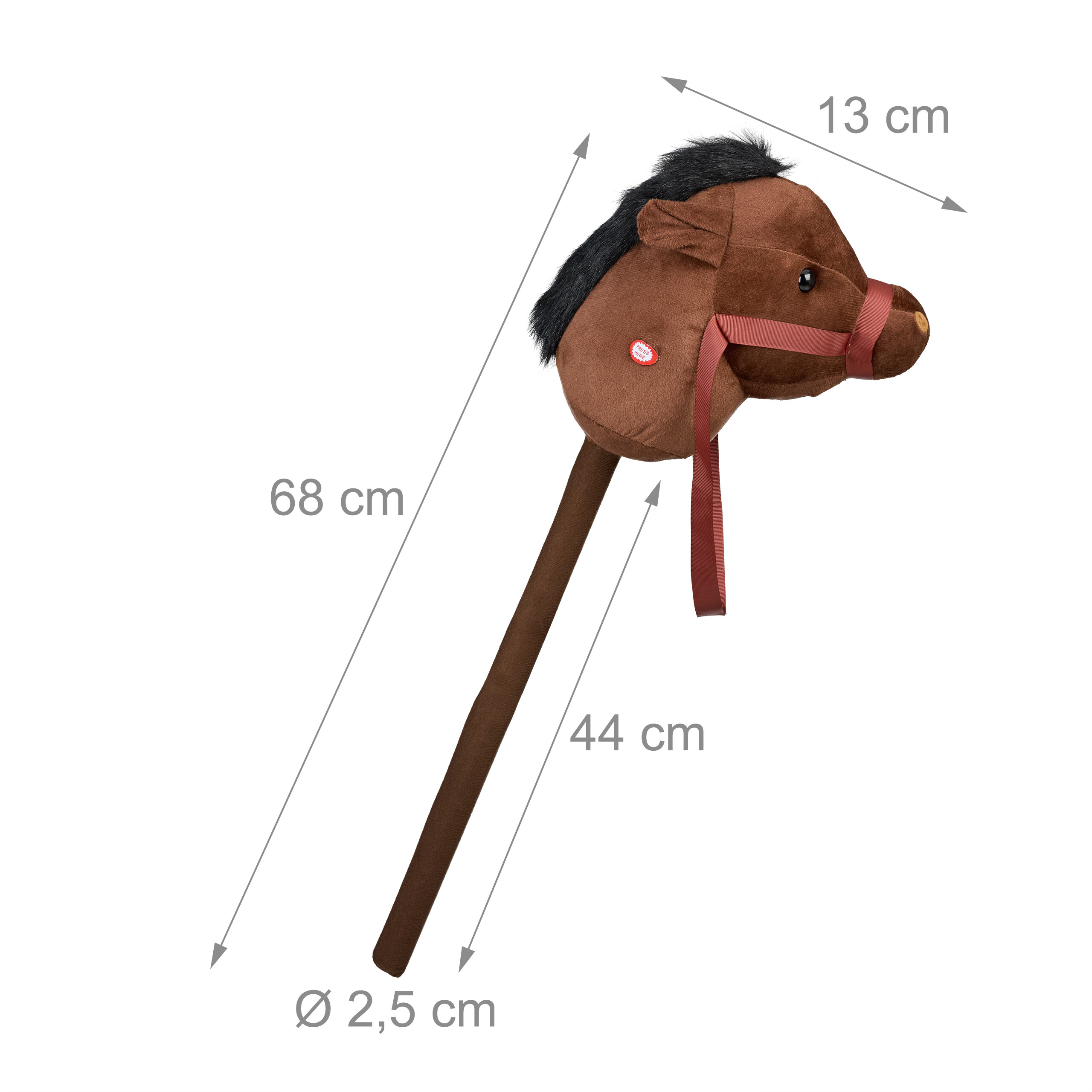 Brautes Steckenpferd mit schwarzer Mähne und roten Zügeln, Maße angegeben.