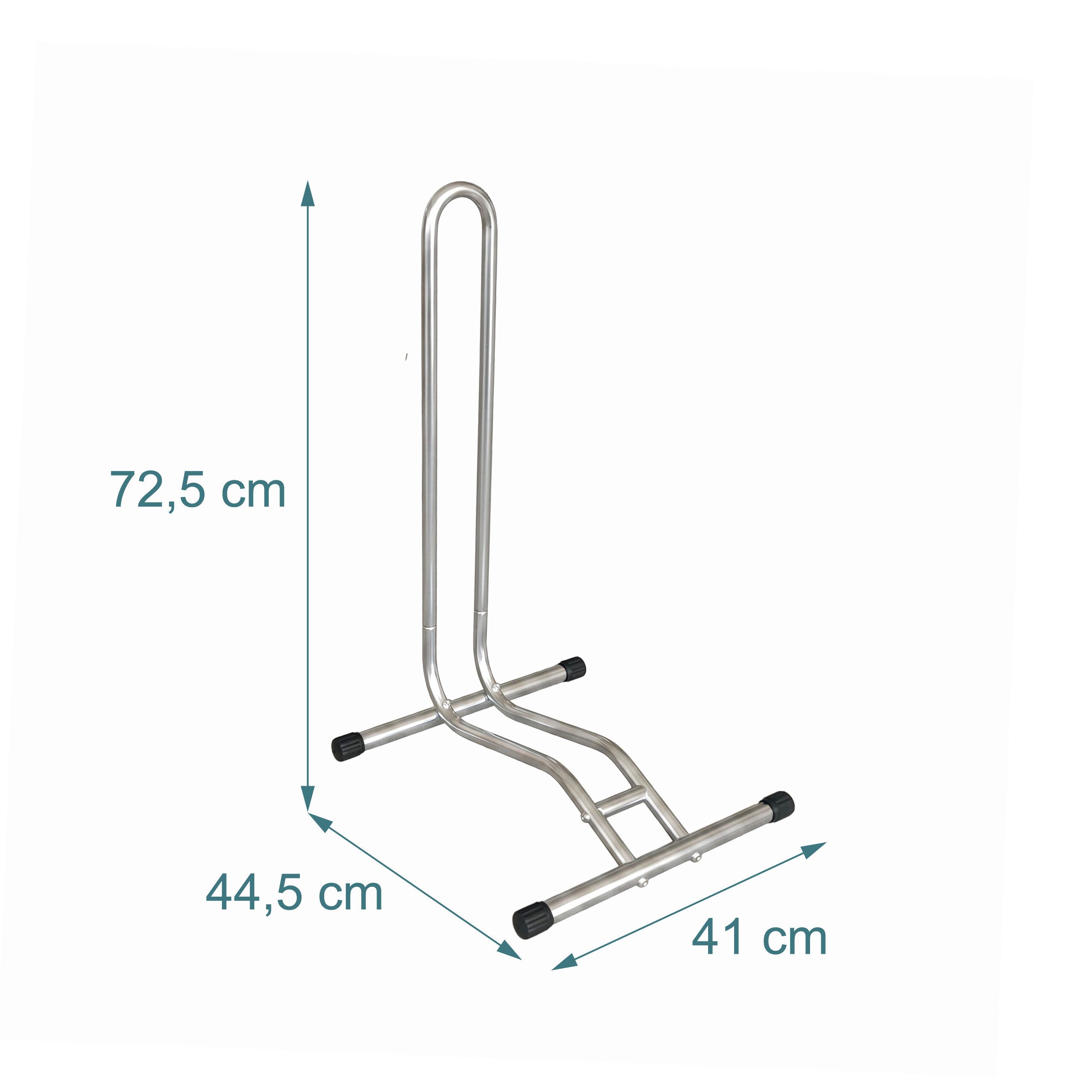 Silberner Metall-Fahrradständer mit Maßangaben.