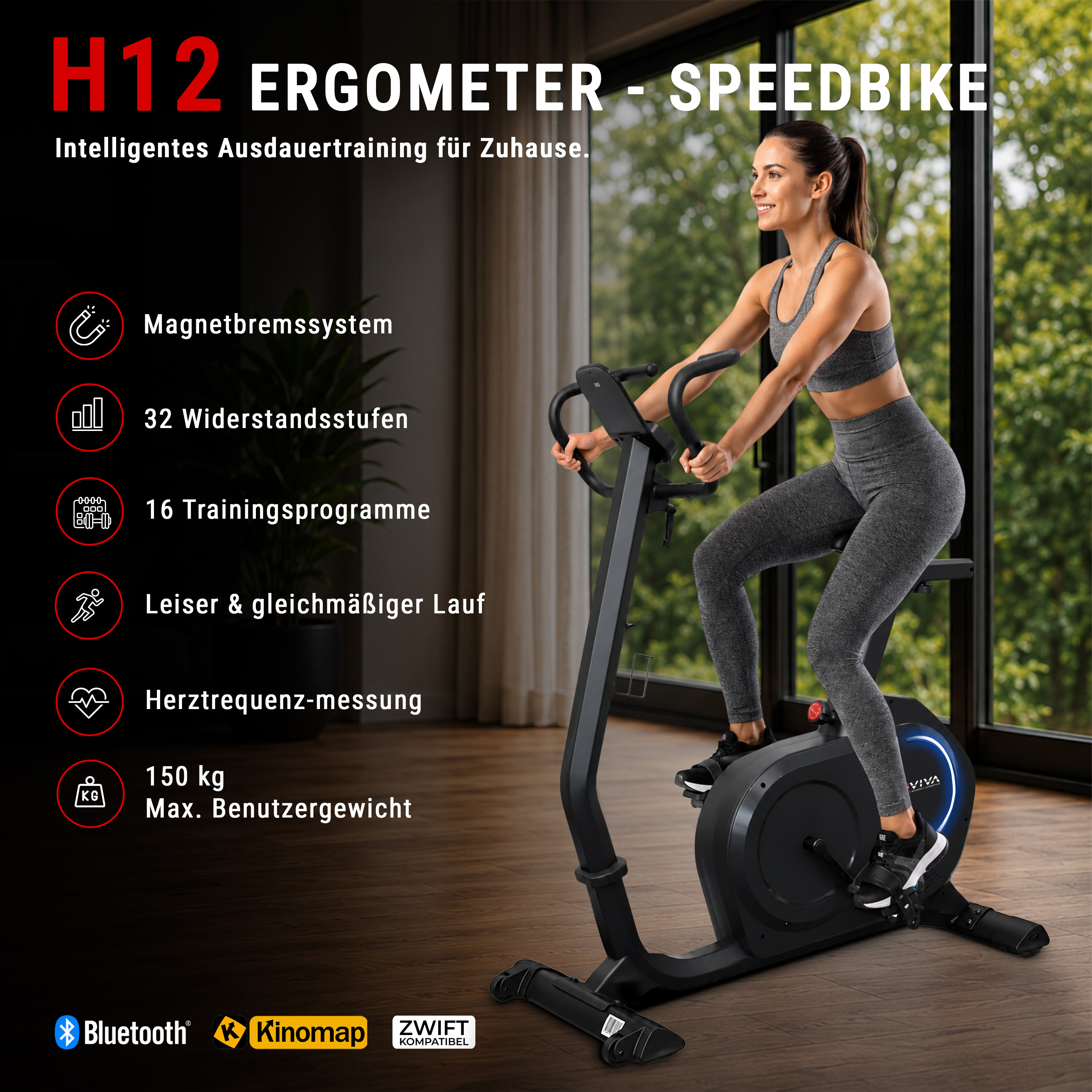 Frau trainiert zu Hause auf einem schwarzen H12 Ergometer-Speedbike vor großen Fenstern.