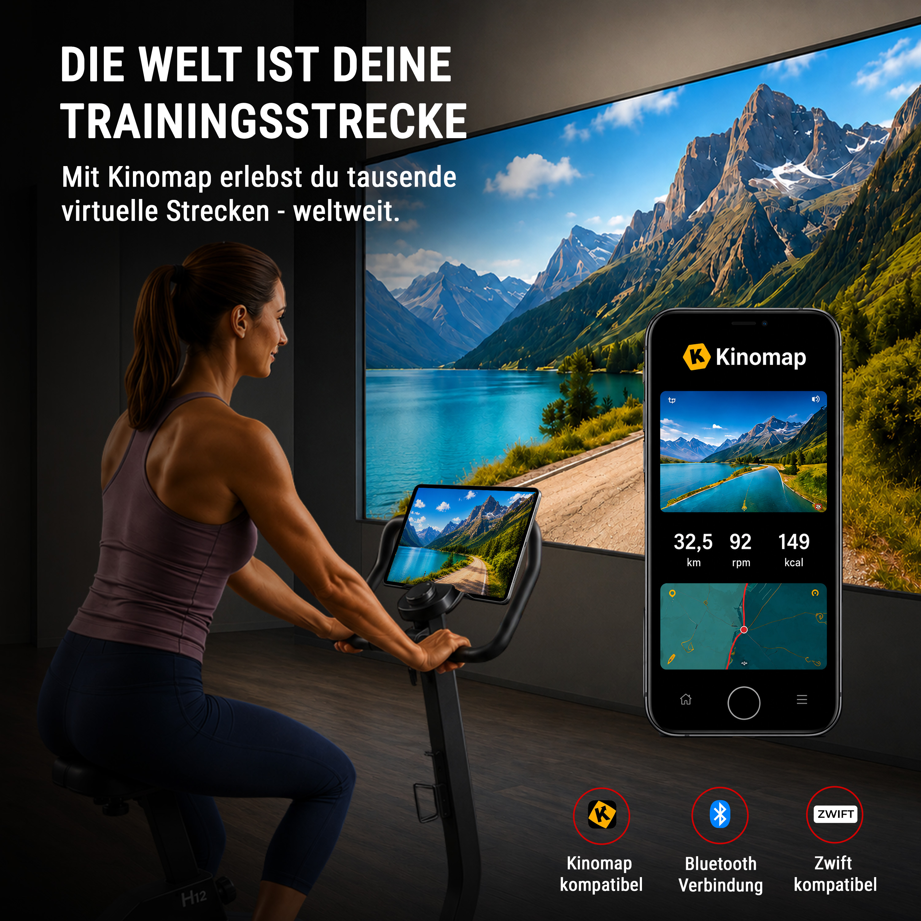 Eine Frau trainiert auf einem Heimtrainer vor einer großen Berglandschaft.