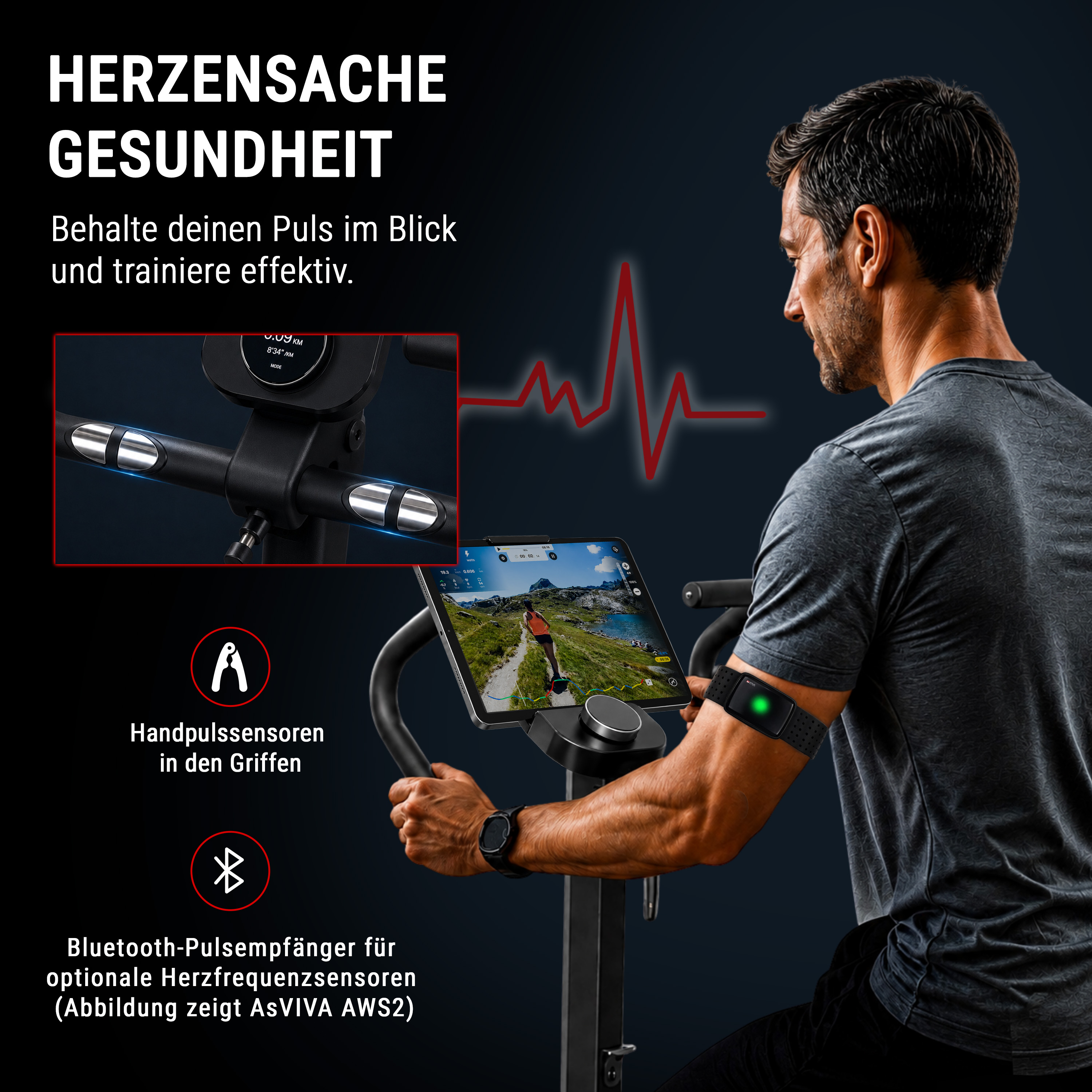 Ein Mann trainiert auf einem Heimtrainer mit Pulssensor-Anzeige und Grafik.