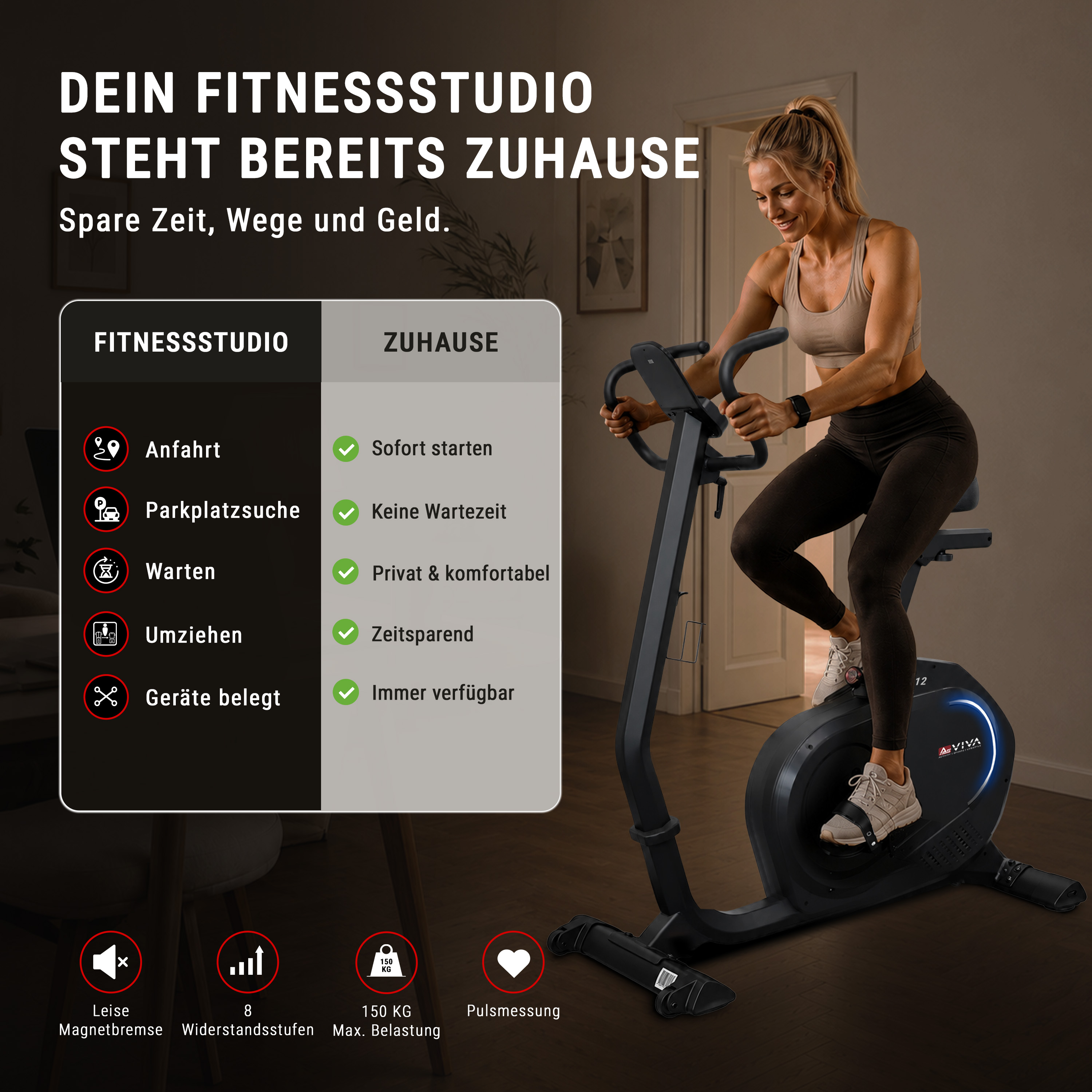 Frau trainiert zu Hause auf einem Heimtrainer. Ein Vergleichstext zeigt Vorteile gegenüber einem Fitnessstudio.