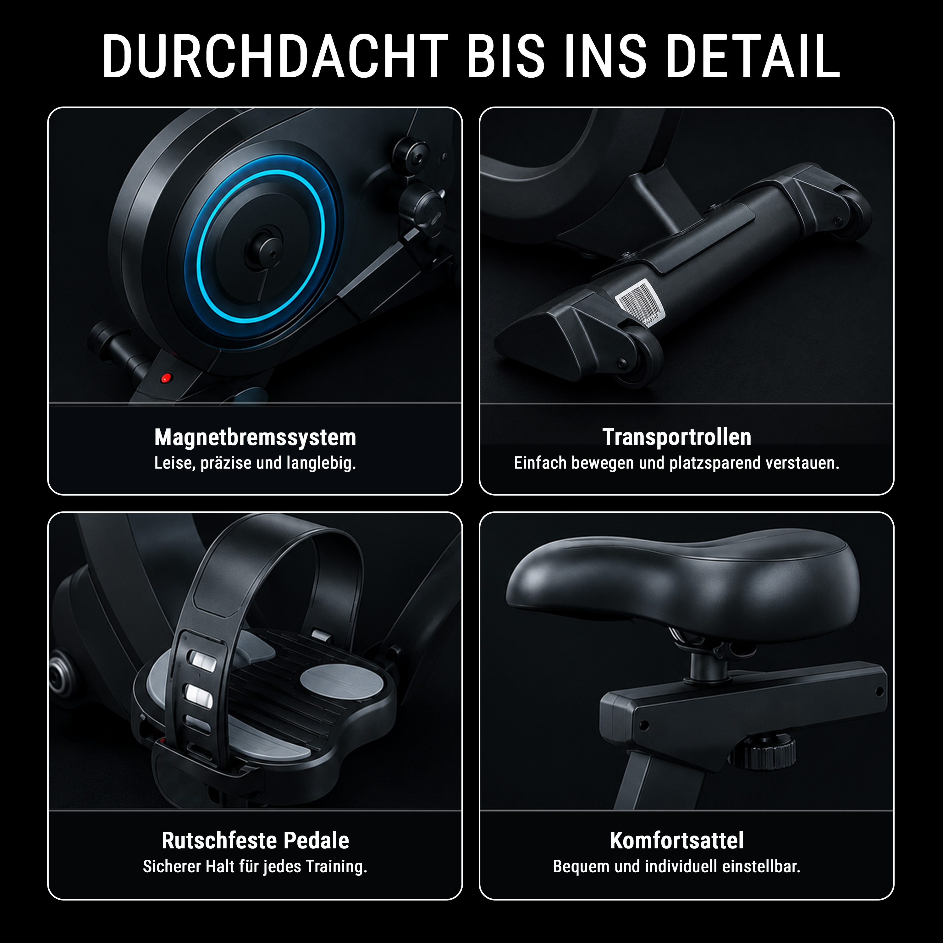 Vier Detailbilder eines Fitnessgeräts: Magnetbremssystem, Transportrollen, Pedale und Sattel.