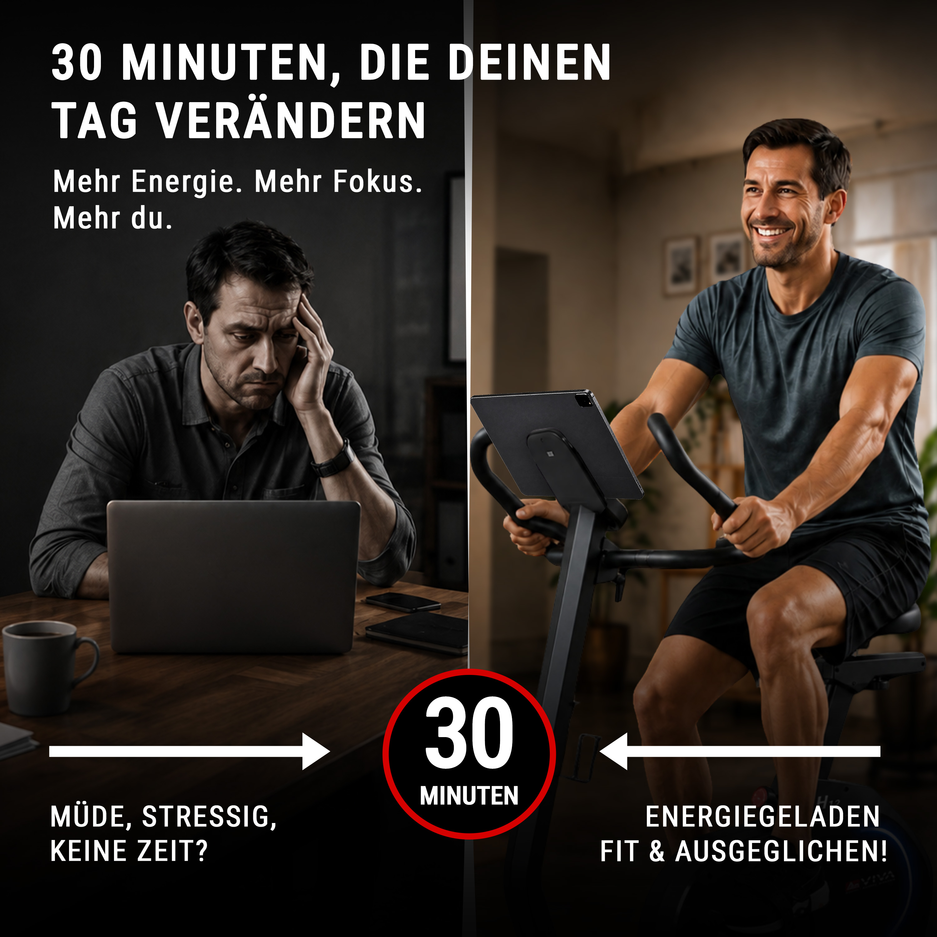 Vorher-Nachher: Ein müder Mann am Laptop wird zu einem glücklichen Mann auf dem Heimtrainer.