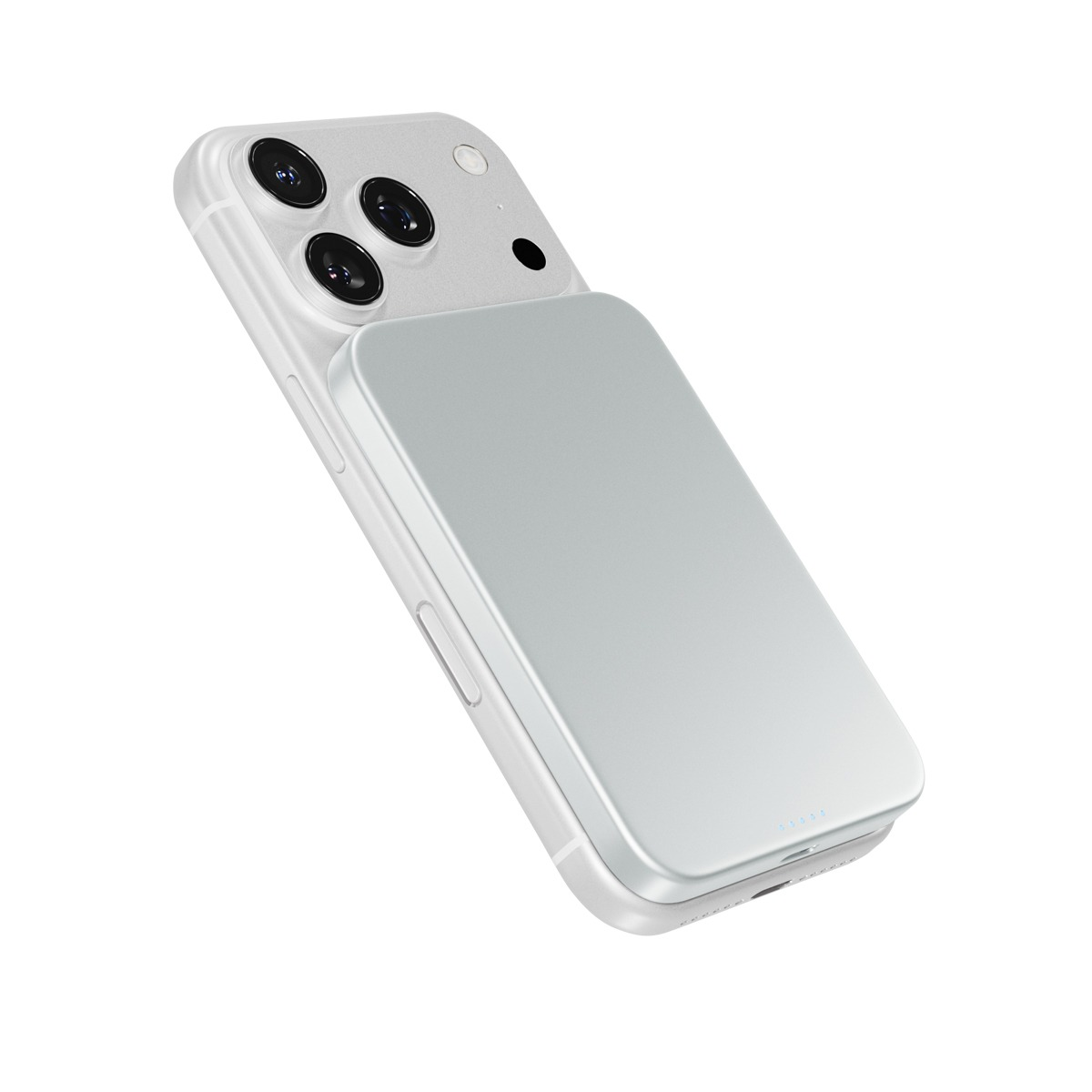 Ein weißes Smartphone mit drei Kameralinsen und einer magnetischen Powerbank auf der Rückseite.