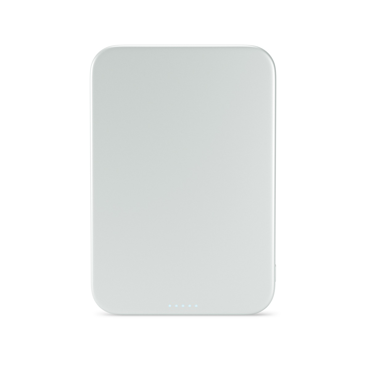 Eine graue, abgerundete rechteckige Powerbank mit fünf kleinen blauen LED-Leuchten unten auf weißem Hintergrund.
