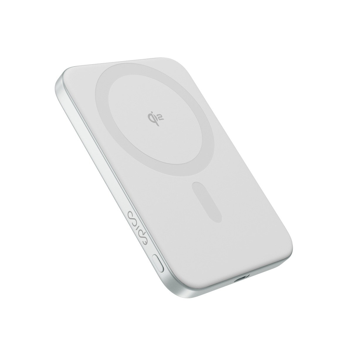 Eine schlichte weiße magnetische Powerbank mit Qi2-Logo auf weißem Hintergrund.