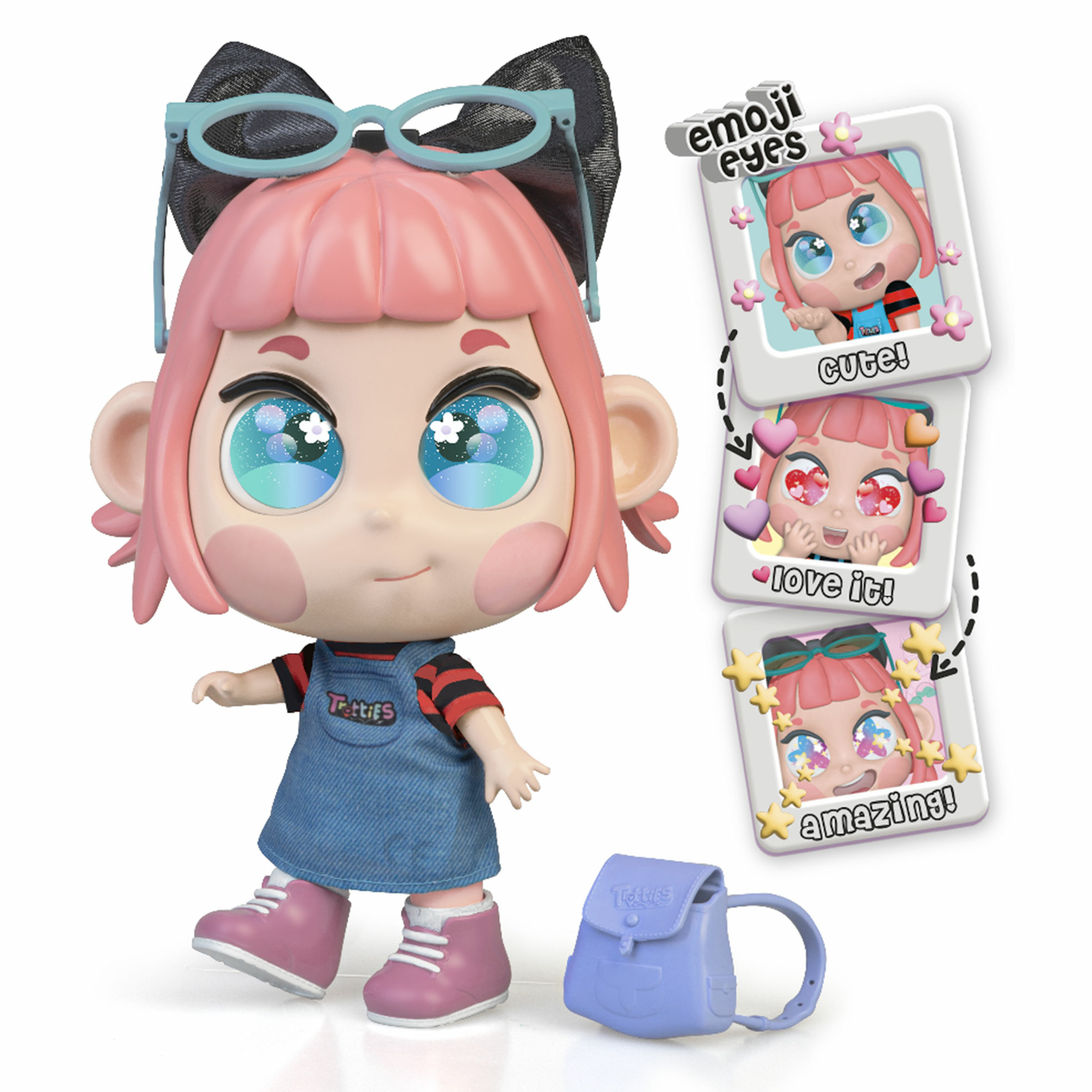 Pinkhaarige Puppe mit blauen Brillen, Jeanskleid und einer kleinen lila Tasche, daneben drei Emoji-Augen-Fotos.