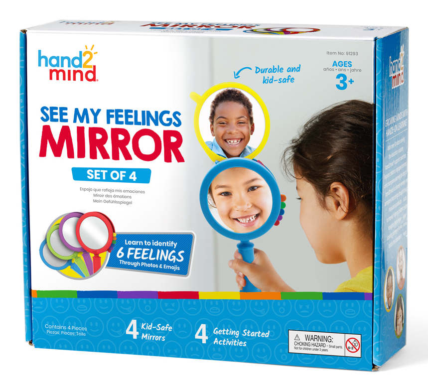 Produktverpackung eines Lernspielzeugs mit bunten Handspiegeln für Kinder und Bildern lächelnder Gesichter.