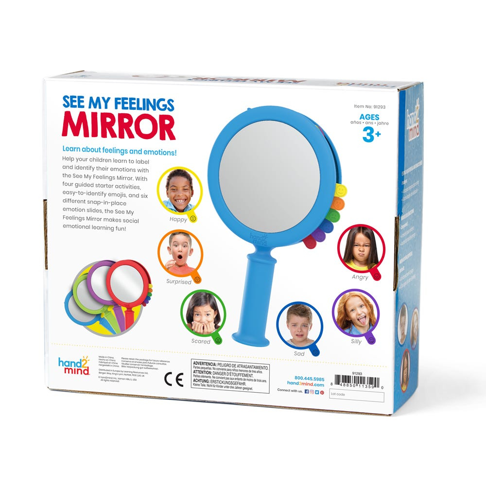 Rückseite einer Spielzeugverpackung für den See My Feelings Mirror mit bunten Emotionen.