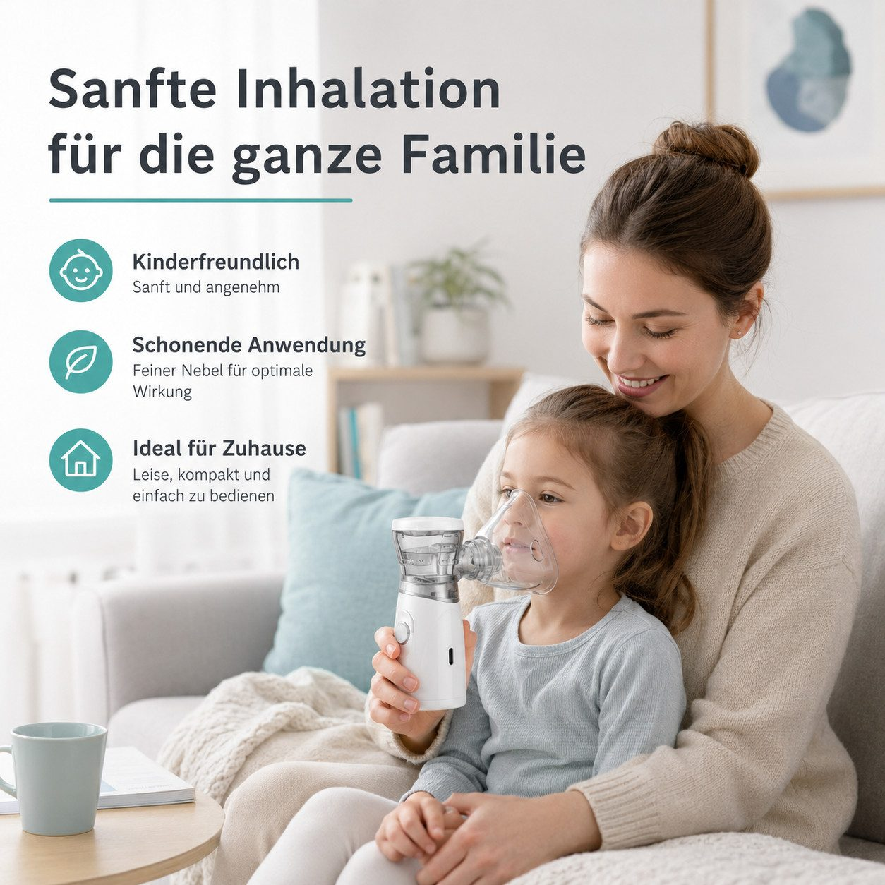 Eine Frau hält ein Kind, das einen Inhalator mit Atemmaske benutzt. Im Hintergrund ein Wohnzimmer.