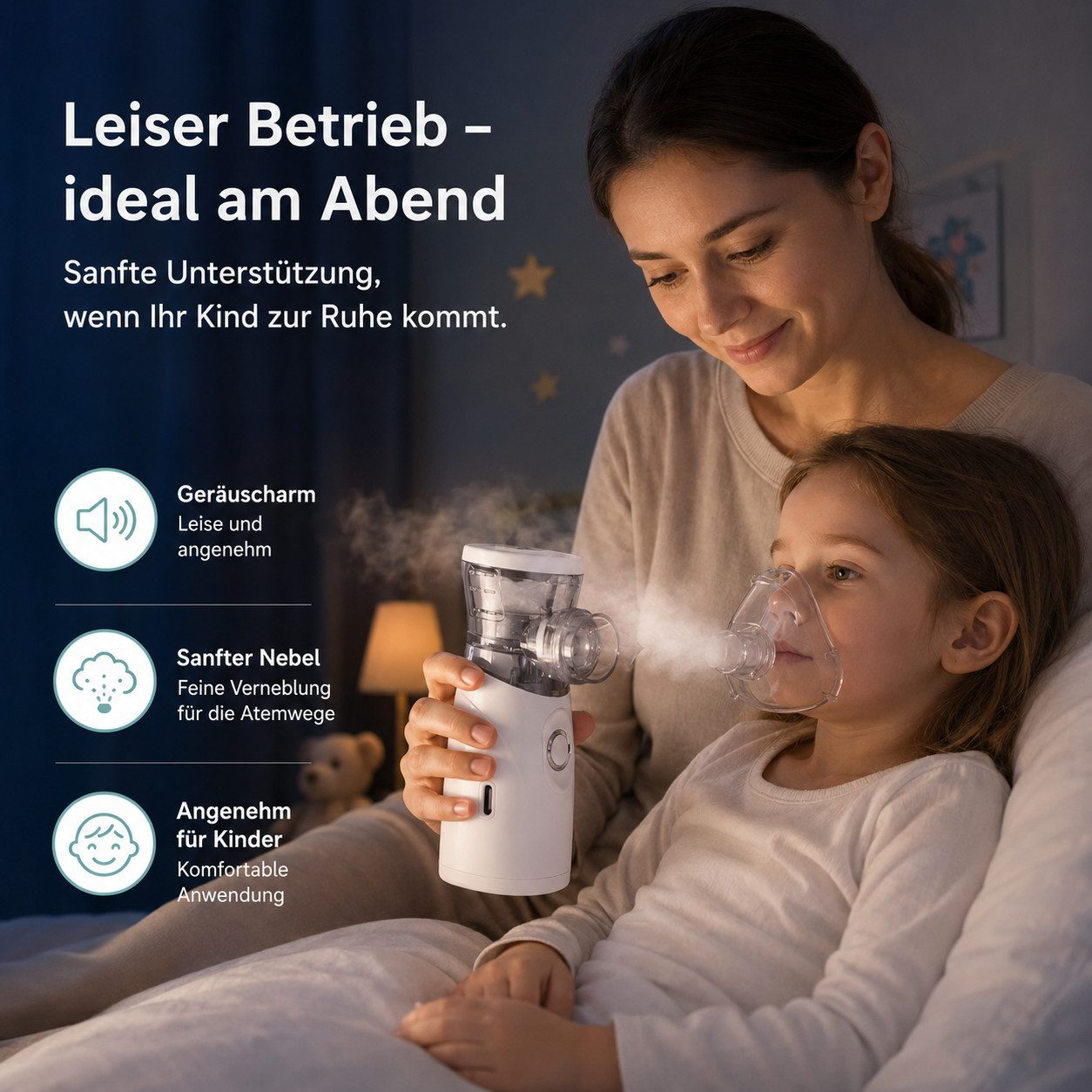 Eine Mutter hält einen tragbaren Inhalator für ihr Kind, das im Bett eine Atemmaske trägt.