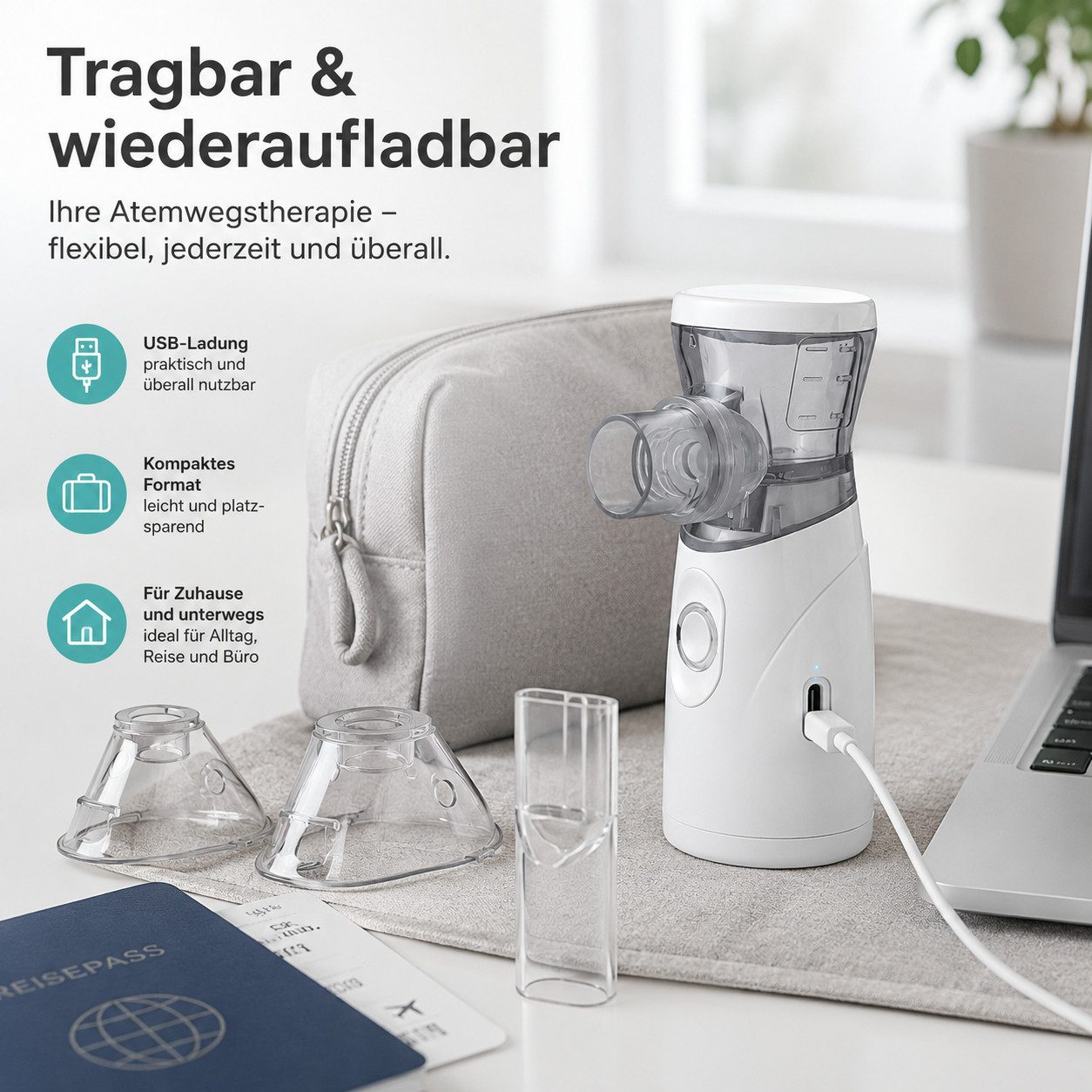 Ein tragbarer weißer Vernebler mit Zubehör und USB-Ladekabel auf einem Tisch.