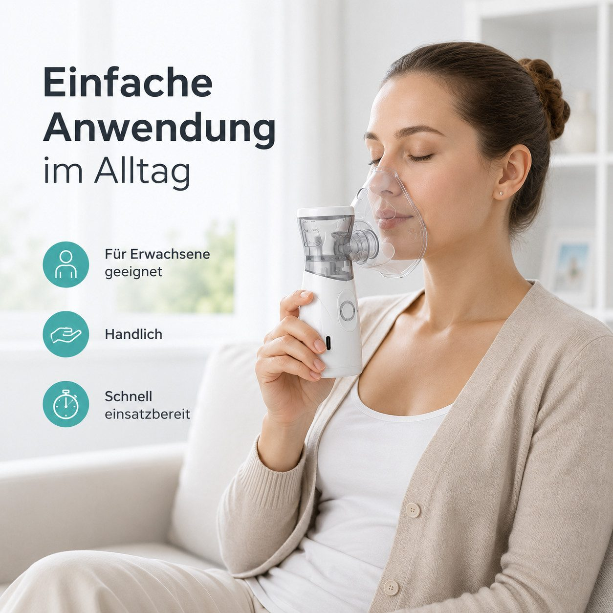 Eine Frau nutzt zu Hause einen tragbaren Vernebler mit Atemmaske.
