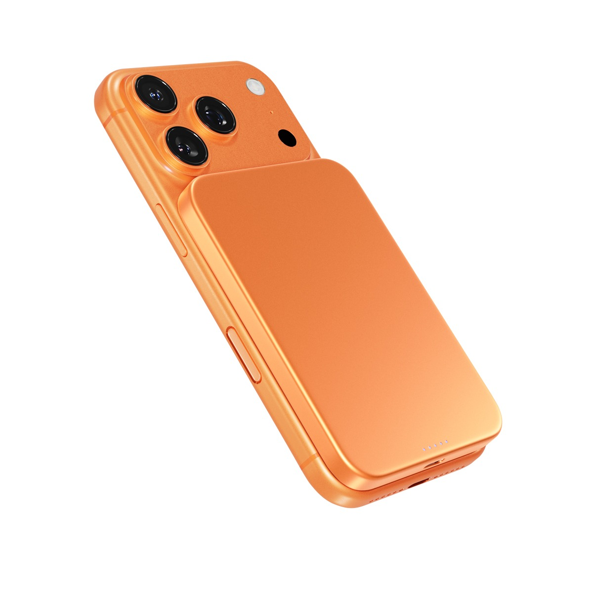 Ein orangefarbenes Smartphone mit drei Kameraobjektiven und einer angebrachten passenden Powerbank.