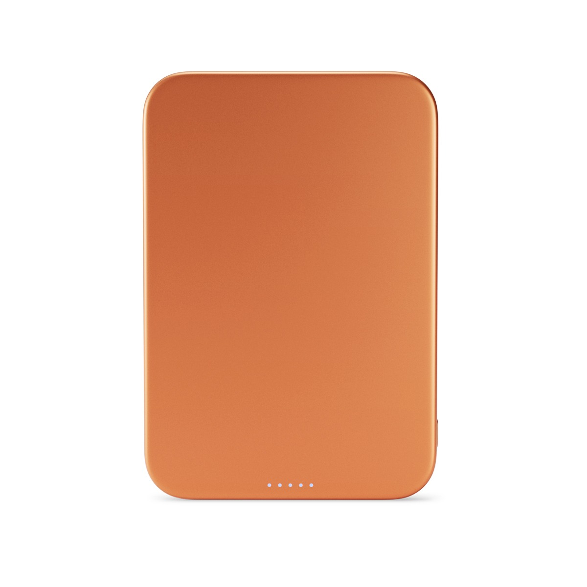 Eine glänzende, orangefarbene Powerbank mit abgerundeten Ecken und fünf kleinen LED-Anzeigen am unteren Rand vor weißem Hintergrund.