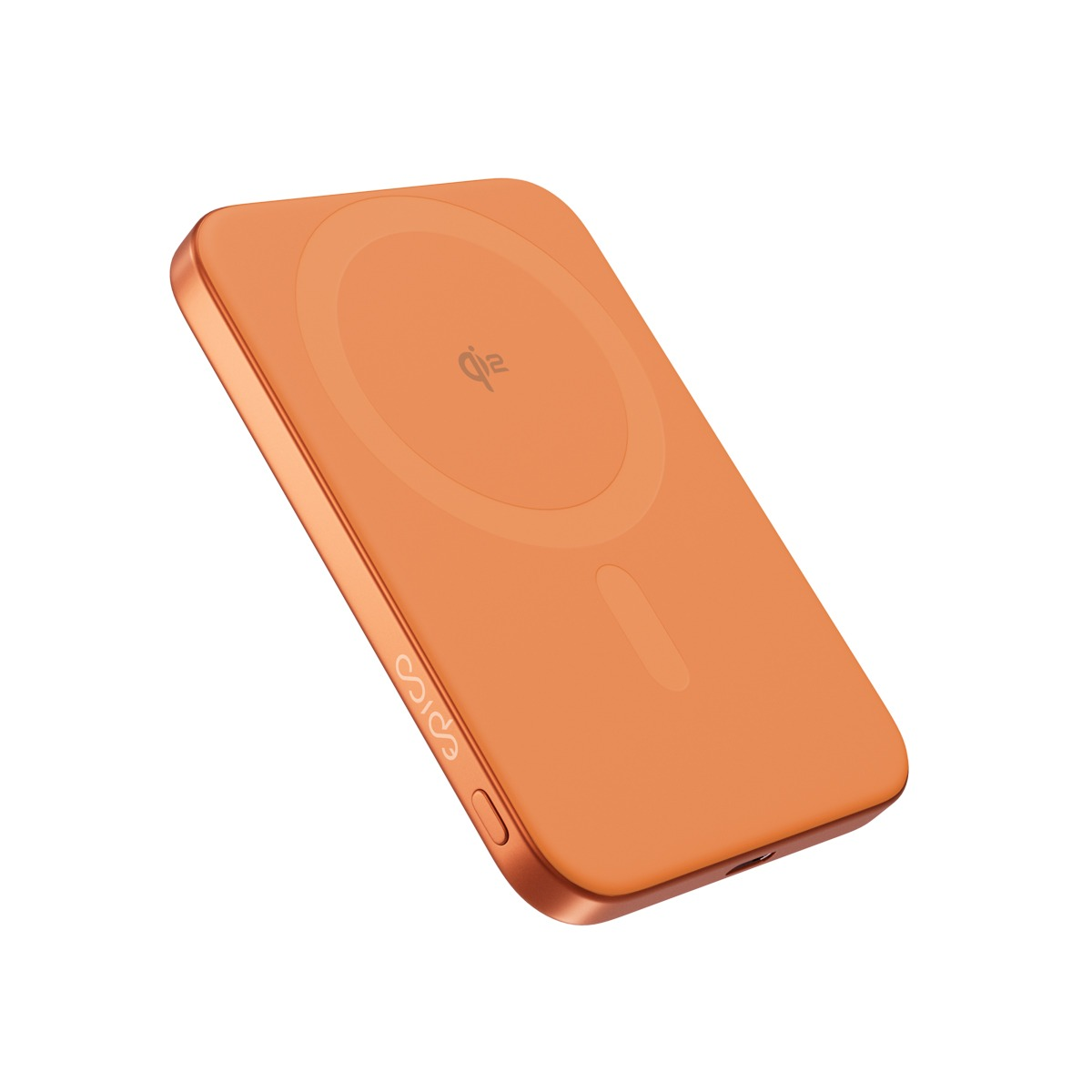 Ein rechteckiges, orangefarbenes Powerbank-Gerät mit Qi2-Logo und abgerundeten Kanten vor weißem Hintergrund.
