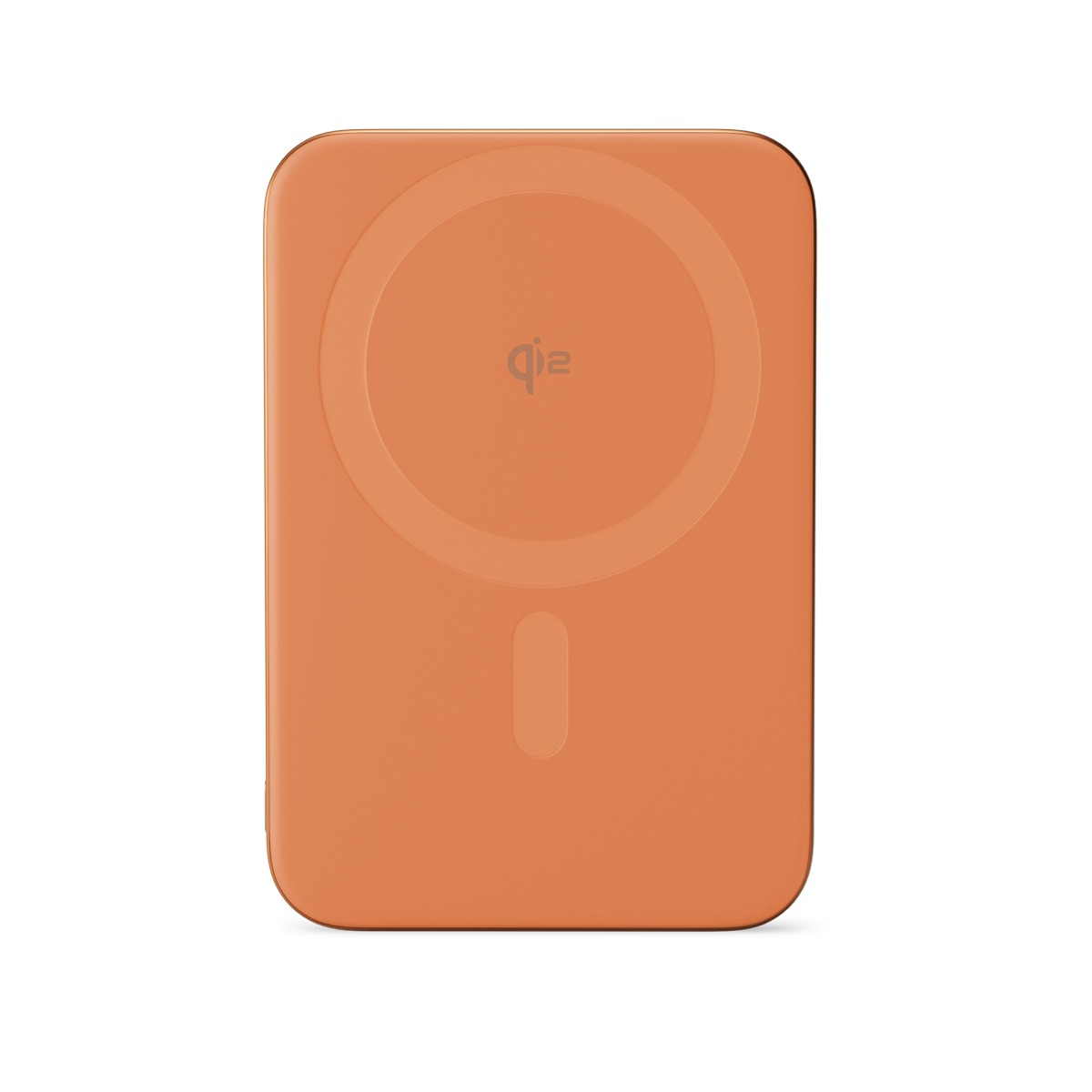 Ein rechteckiges, orangefarbenes kabelloses Ladegerät mit abgerundeten Ecken und einem Qi2-Logo.