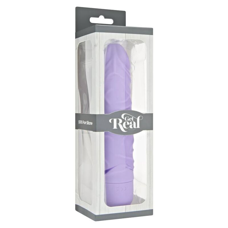 Lila Silikon-Dildo in einer grauen und weißen Verpackung mit dem Aufdruck Get Real.