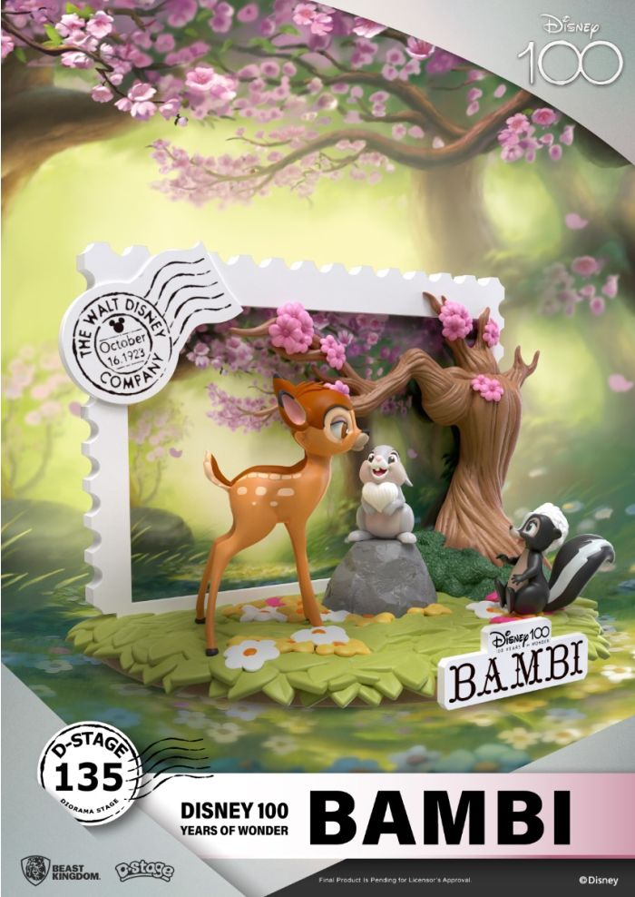 Figuras de Bambi, Tambor y Flor frente a un fondo con sello y flores de cerezo.