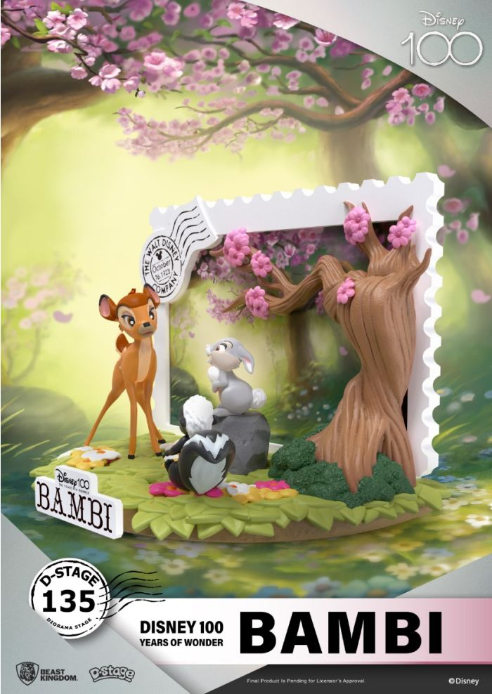 Figura de Bambi con Thumper y Flower frente a un sello postal con flores de cerezo.