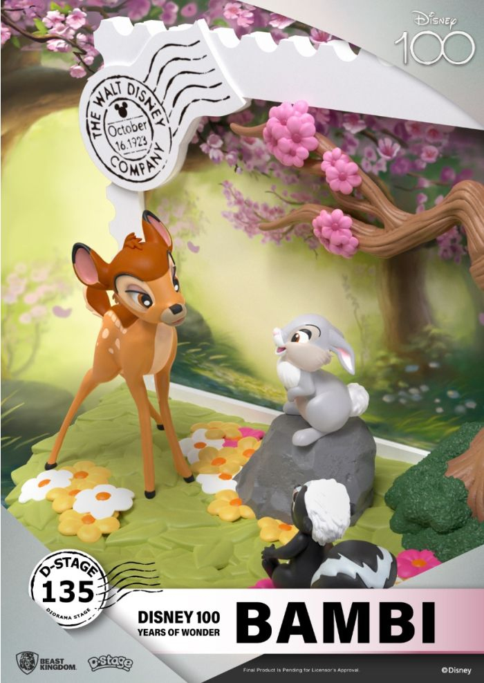 Set de figuras de Bambi de Disney 100 con Bambi, Tambor y Flor en una escena de bosque con marco de sello.