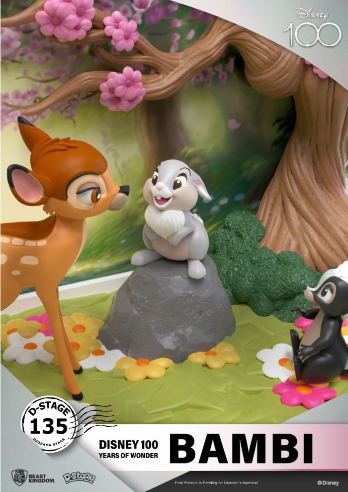 Diorama de figuras de Bambi, Tambor y Flor con un árbol y flores.