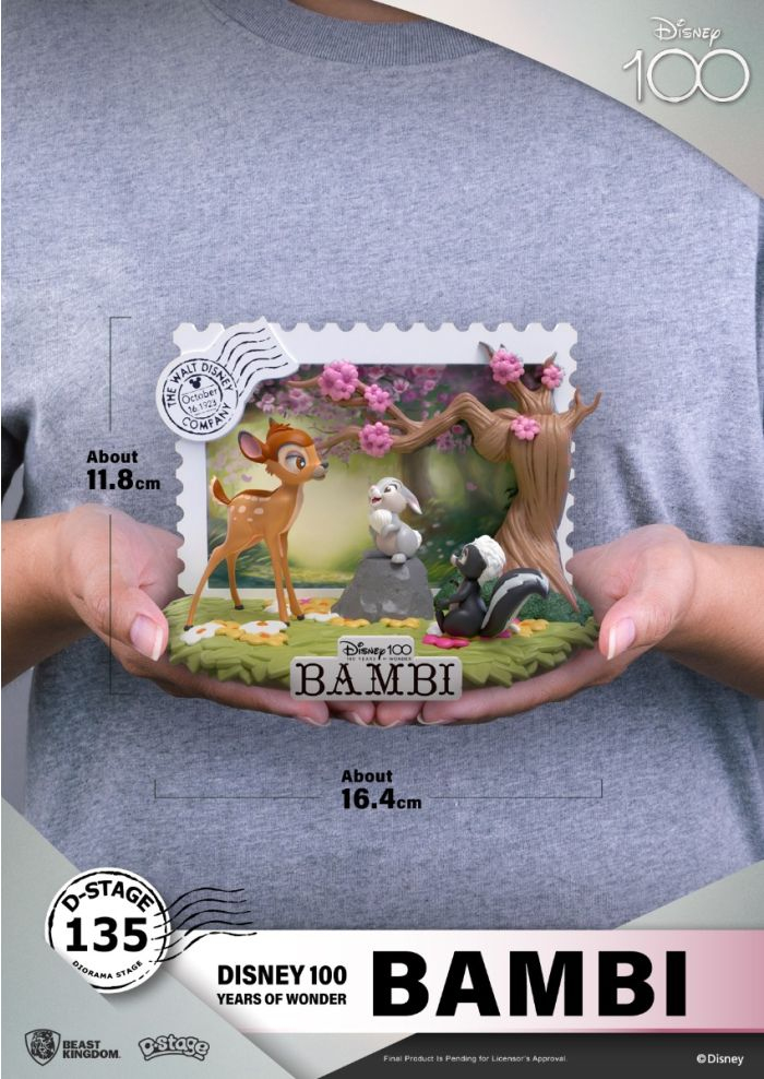 Una persona sostiene una figura de diorama de Bambi con Bambi, Thumper y Flower en un marco de sello.