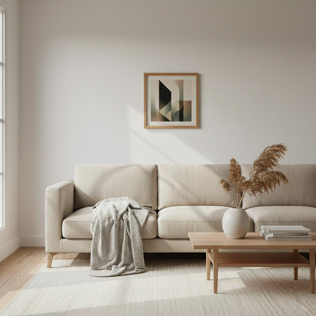 Ein beige Sofa mit Decke steht in einem hellen Raum, mit einem Holztisch und Bild an der Wand.