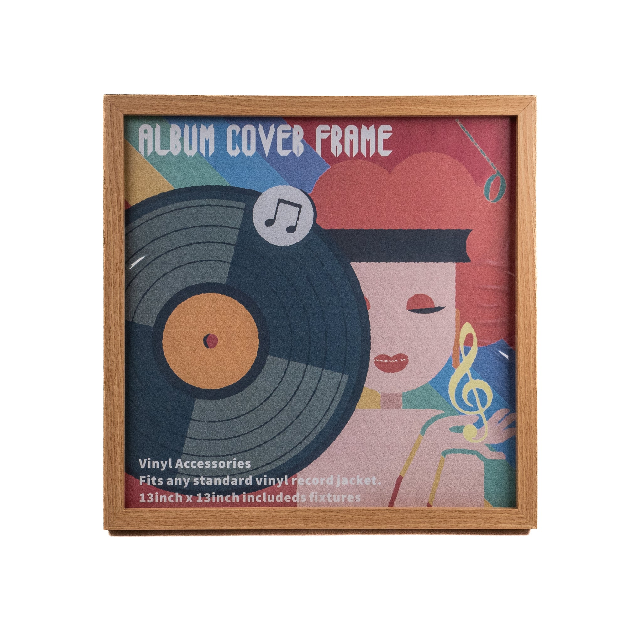Holzrahmen mit farbigen Illustrationen von Schallplatten und Frau.