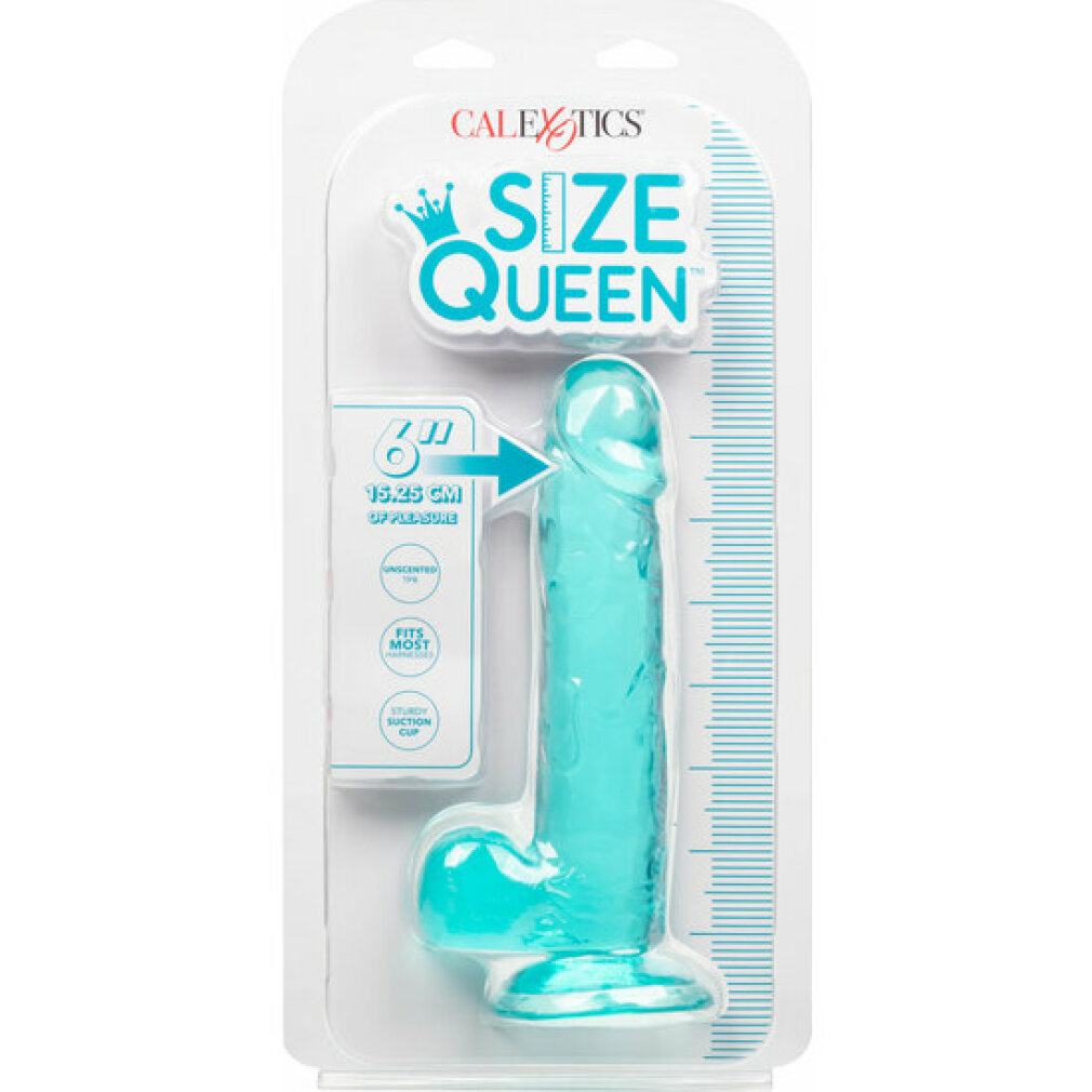Türkisfarbener Dildo in Originalverpackung mit Text und Lineal.