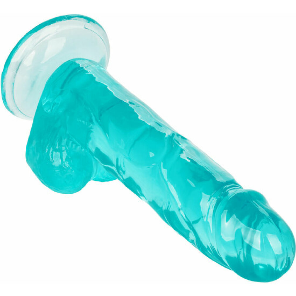 Ein türkisfarbener, glänzender Dildo mit Saugnapf auf weißem Hintergrund.