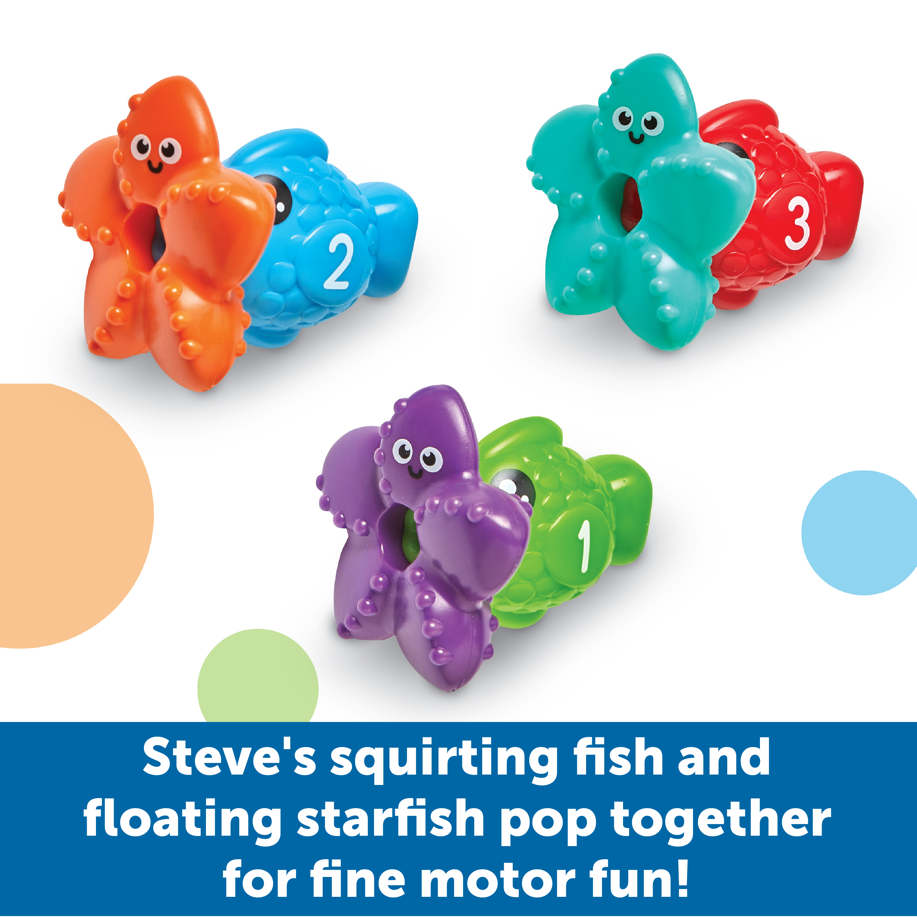 Bunte Plastikspielzeuge aus Seesternen und Fischen mit Zahlen auf weißem Hintergrund.