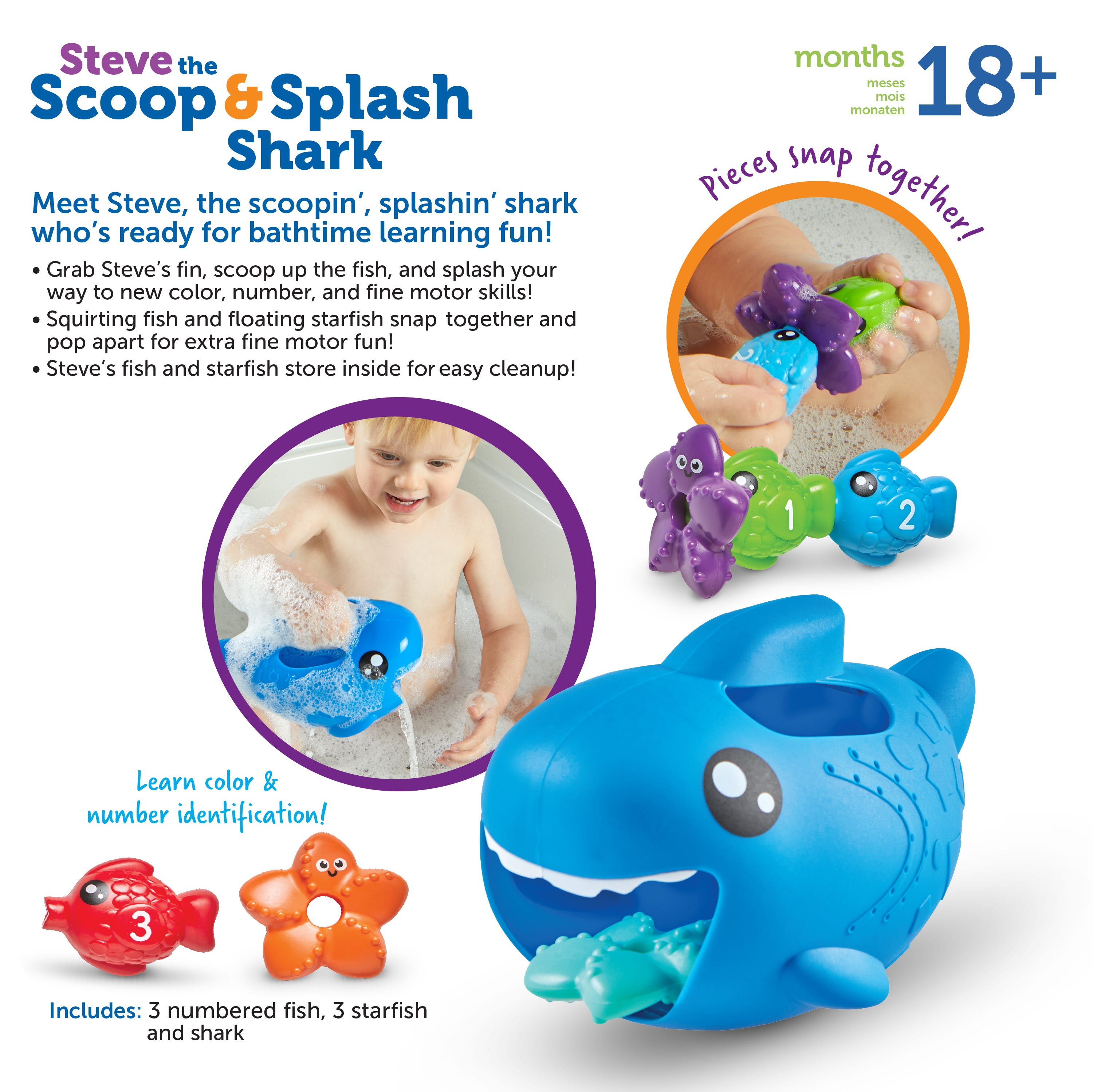 Steve the Scoop & Splash Shark Badespielzeug für Kinder mit farbigen Fischen und Seesternen.