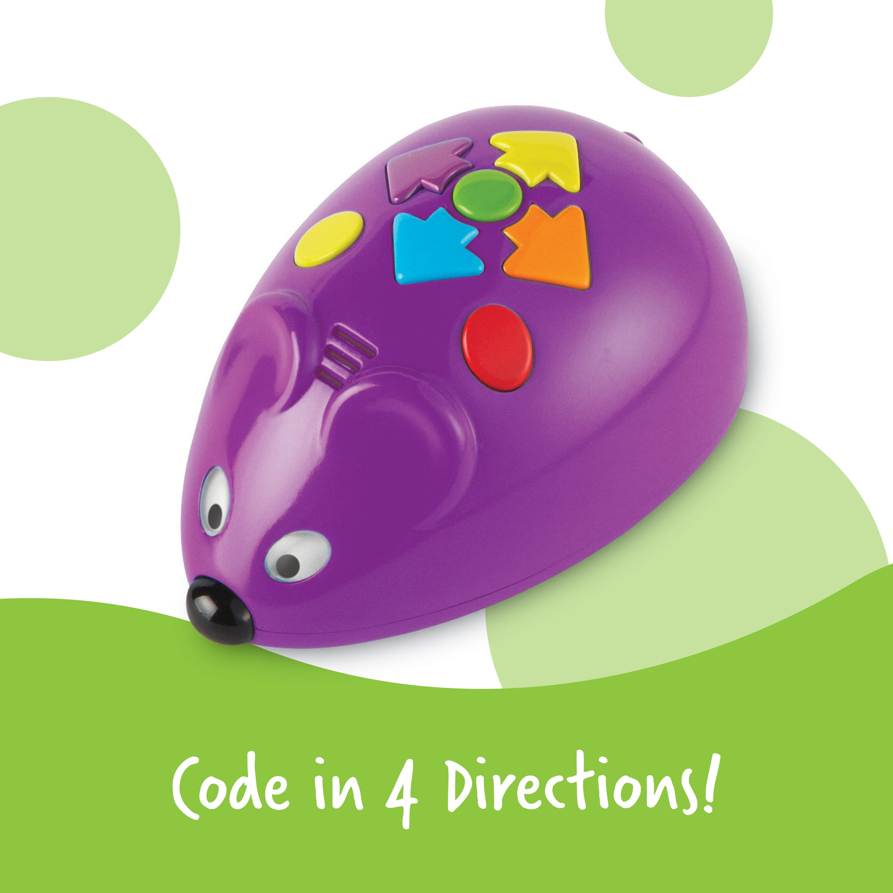 Eine lila Roboter-Maus mit bunten Tasten auf dem Rücken und der Aufschrift Code in 4 Directions auf grünem Hintergrund.