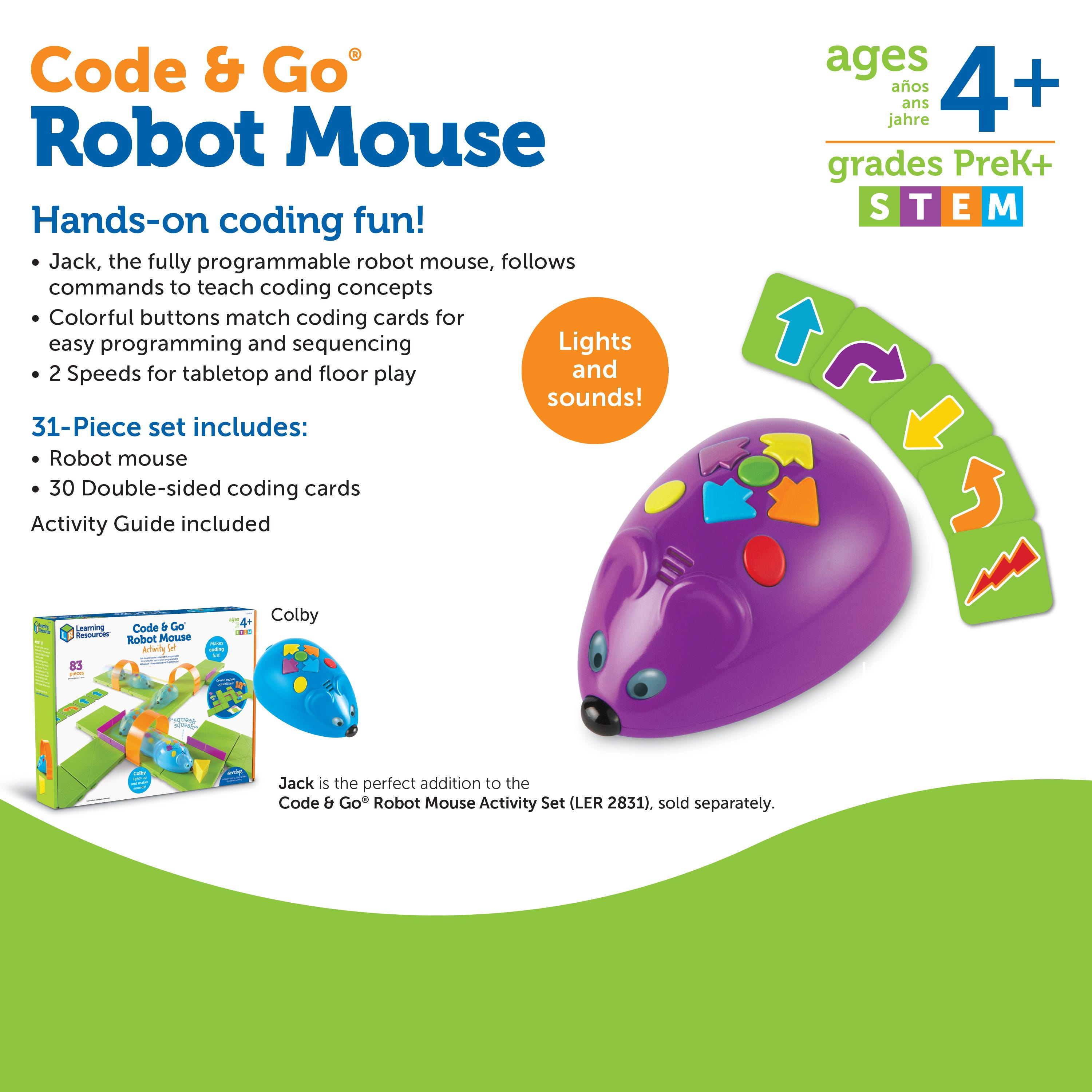 Code & Go Robot Mouse Produktverpackung, lila Spielzeugmaus, Programmierkarten und Text auf weißem Hintergrund.