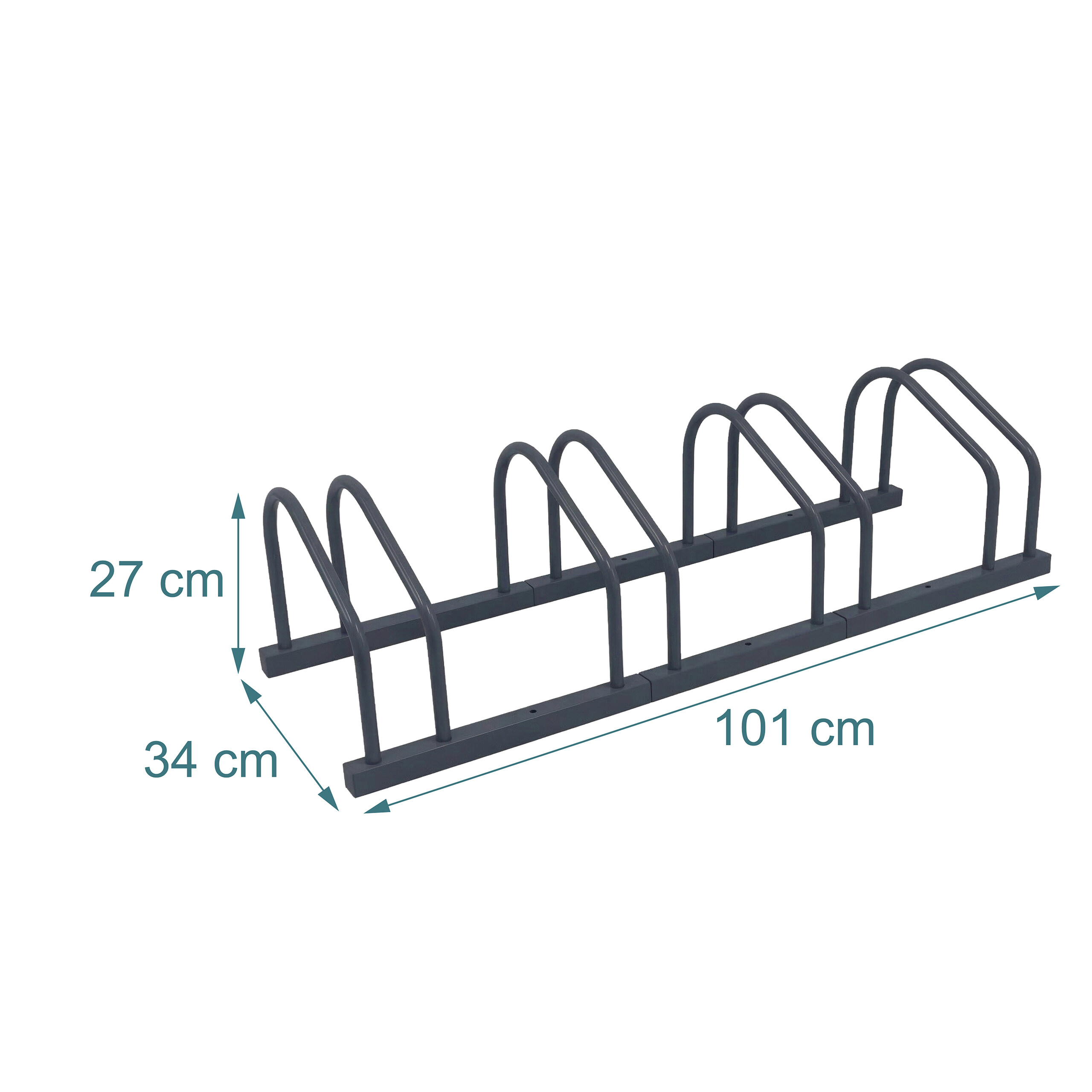 Grauer Fahrradständer für sechs Fahrräder mit Maßen: 27 cm Höhe, 34 cm Breite, 101 cm Länge.
