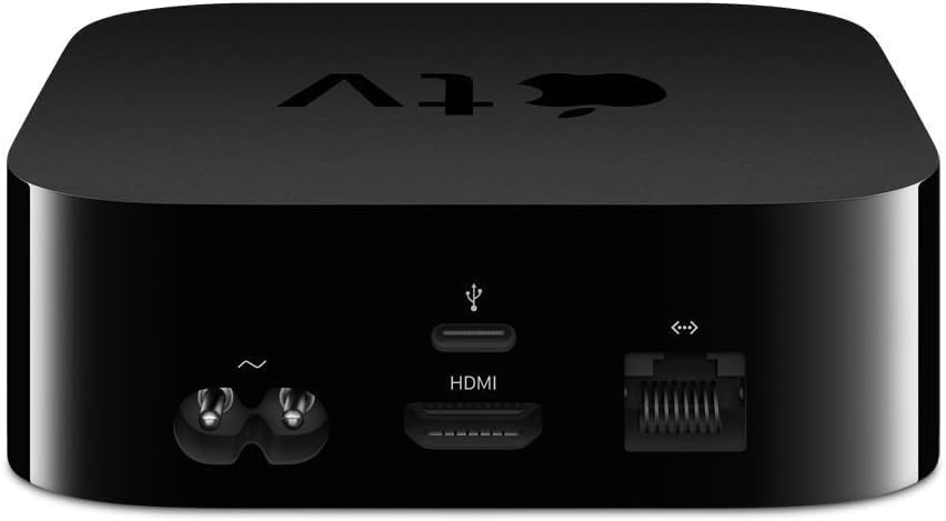 Rückseite eines schwarzen Apple TV mit Strom-, USB-C-, HDMI- und Ethernet-Anschlüssen.
