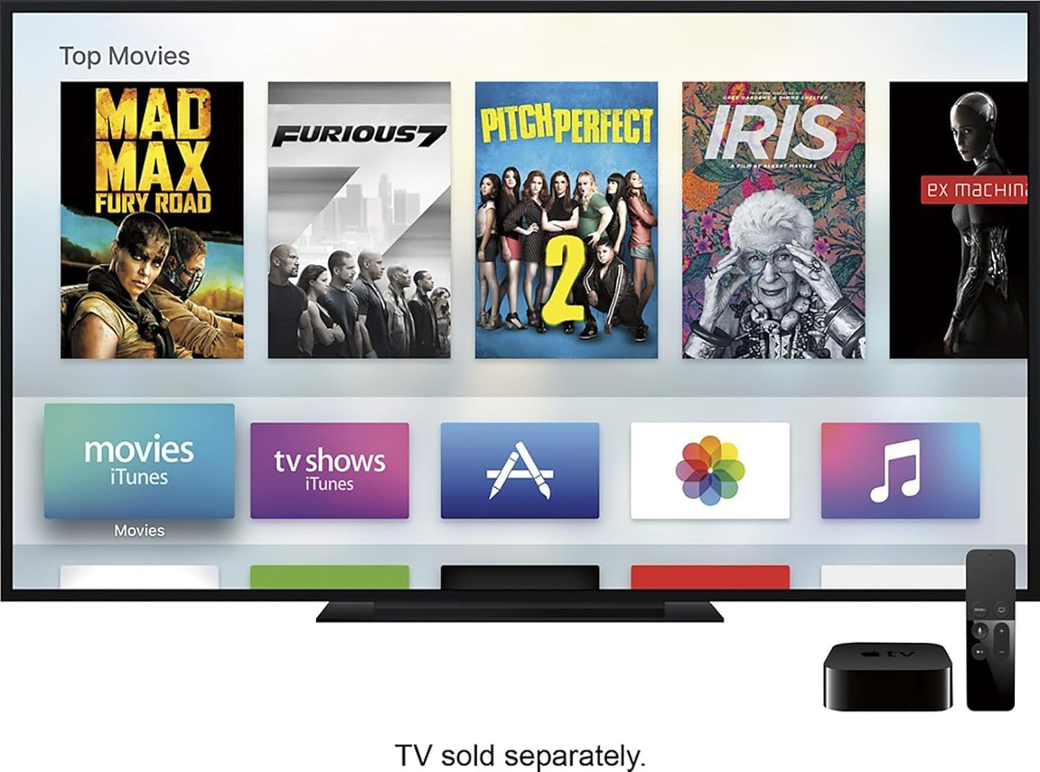 Ein Apple TV Bildschirm zeigt Top-Filme und Apps, mit der Set-Top-Box und Fernbedienung unten.