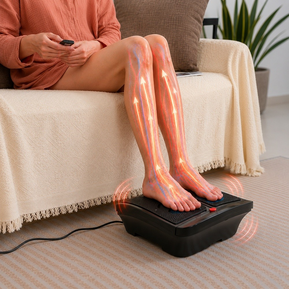 Eine Person sitzt auf dem Sofa, Füße auf einem Fußmassagegerät mit Grafiken zur Durchblutung.