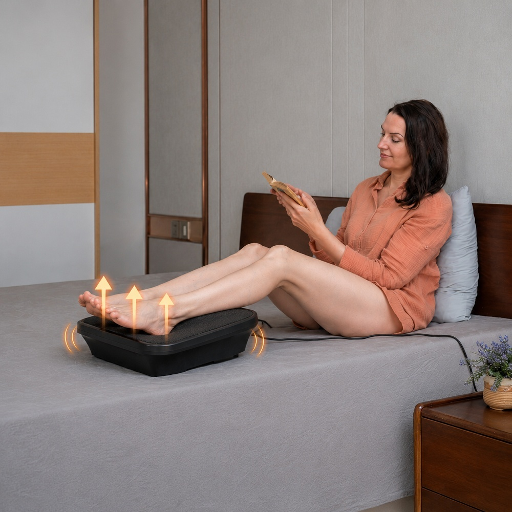 Eine Frau sitzt auf dem Bett, liest ein Buch und wärmt ihre Füße auf einem Fußwärmer.