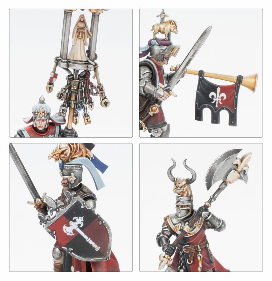 Vier Nahaufnahmen zeigen detaillierte bemalte Tabletop-Miniaturen mittelalterlicher Ritter und Fahnenträger in Rüstung.