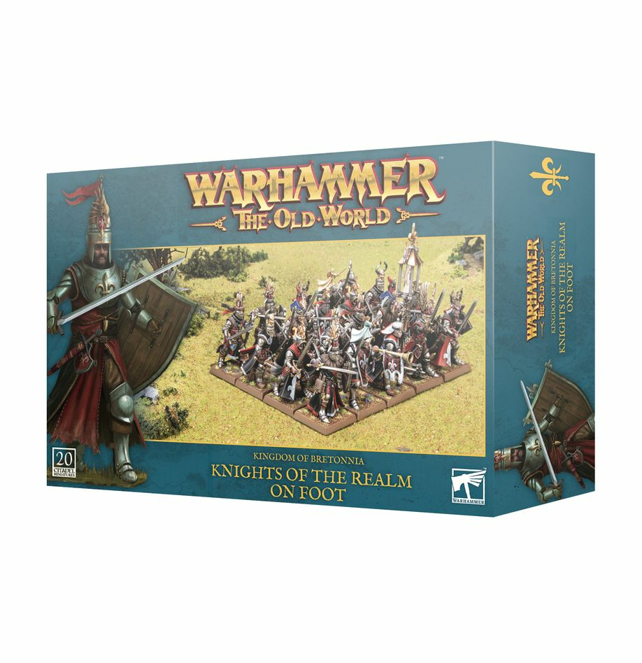 Spielverpackung Warhammer The Old World mit Miniaturen von Rittern zu Fuß.